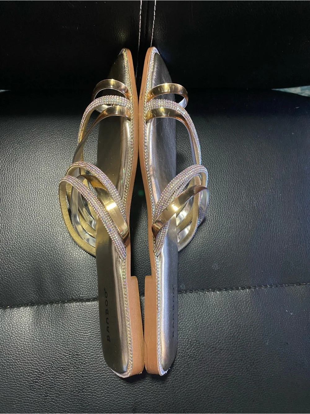 Bamboo Gold Metallic Strappy Slide Sandals with Rhinestones Size 9